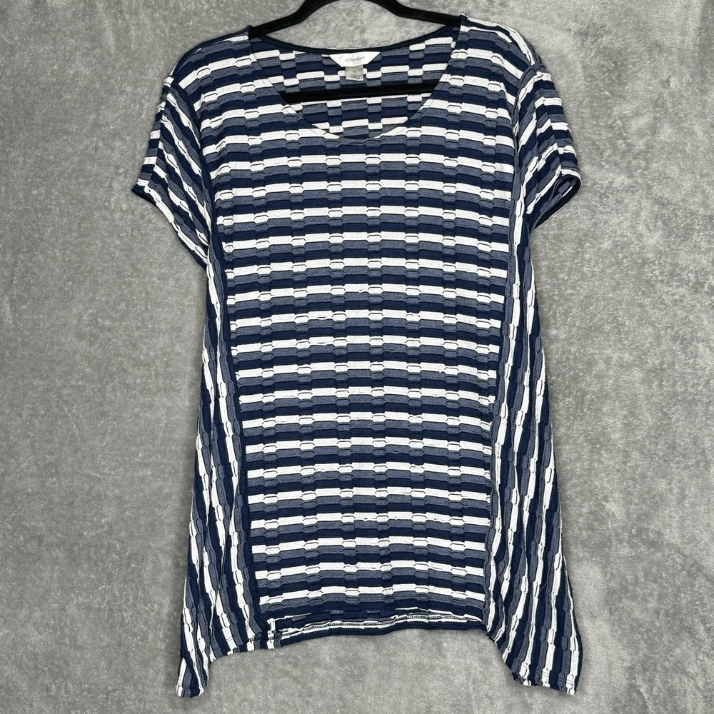 CJ Banks 2X Shirt Top Navy Blue Striped Cap Short Sleeve Scoop Neck Knit Stretch